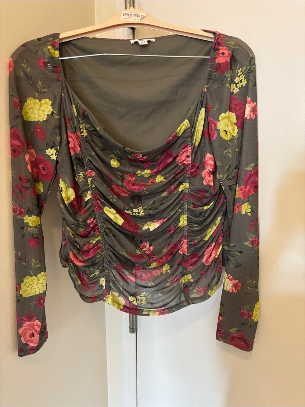 Bar III Olive Floral Ruched Long-Sleeve Top with Pink & Yellow Blooms